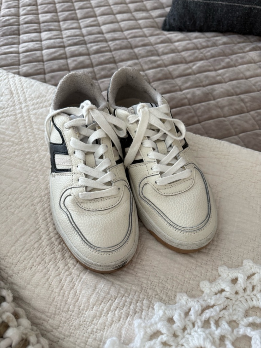 White Athletic Lace-Up Sneakers with Black Accent - Women's